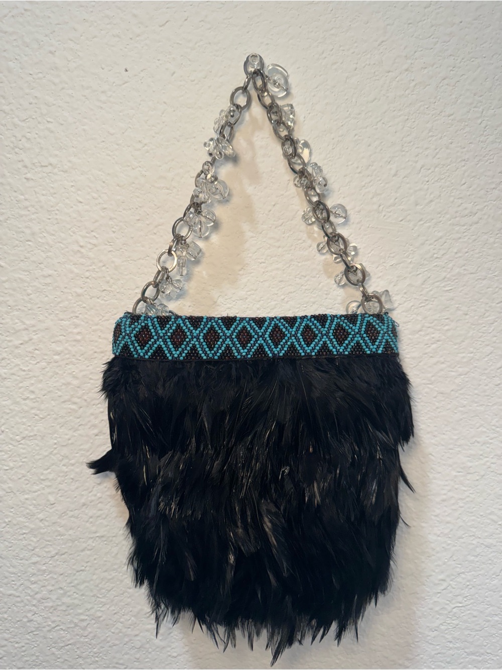 Black Feather Mini Bag with Turquoise Beaded Trim